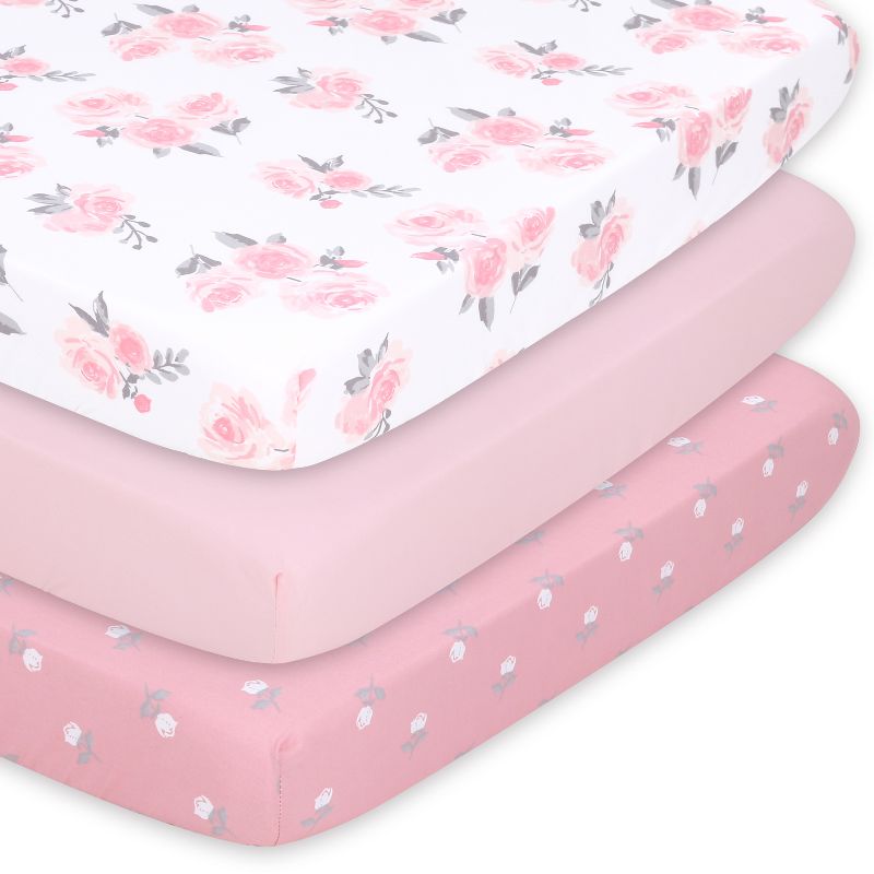 The Peanutshell Mini Crib, Playard Sheets, 3 Pack, Pink Roses/Ditsy Floral | White, Pink, Grey, 1 of 8
