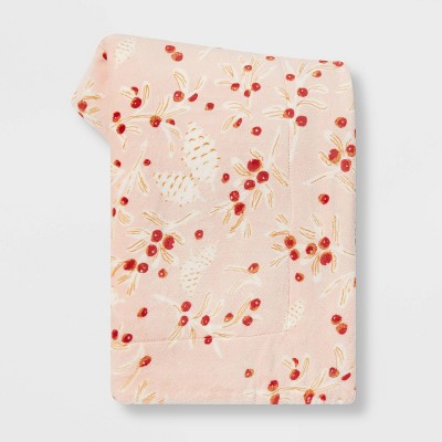 Holly Berry Printed Plush with Sherpa Reverse Christmas Throw Blanket Blush - Threshold™