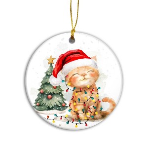 Meowy Cat Christmas Ornament – Adorable Kitten with Santa Hat and Fairy Lights Ornament - 1 of 4