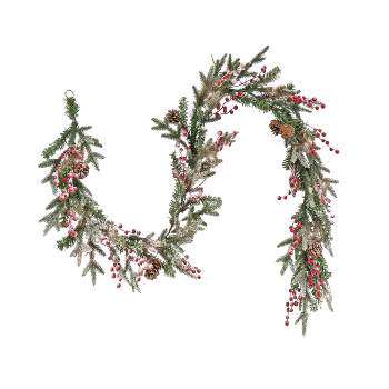 HGTV Home Collection 6ft Pre Lit Artificial Christmas Garland, Snow-dusted Branch Tips, Decorated with Pinecones, Berries, and Bows