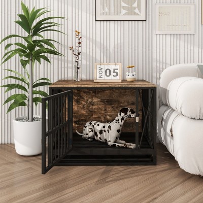 LAOTIES 32" Dog Crate Furniture,Heavy Duty Wooden And Steel Dog Kennel End Table With Removable Tray,Chew Resistant