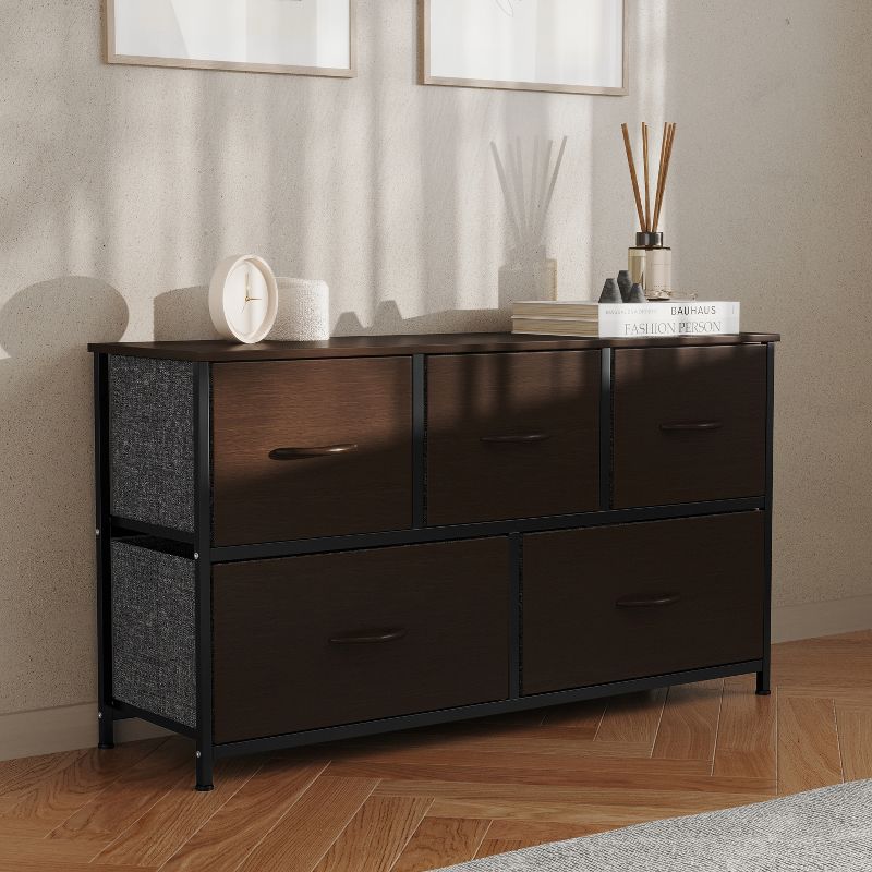 Flash Furniture Harris 5 Drawer Vertical Storage Dresser with Cast Iron Frame, Wood Top, and Easy Pull Fabric Drawers with Wooden Handles, 4 of 12