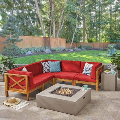 Brava 7pc Acacia Sectional Sofa Set with Fire Pit - Christopher Knight Home