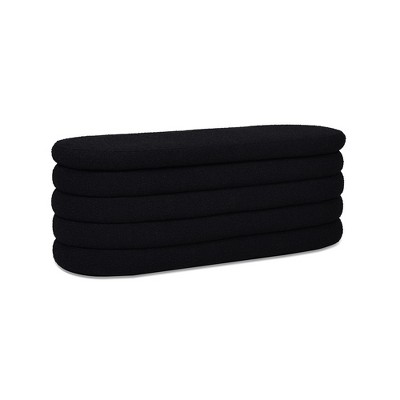 Ebony Black Boucle Upholstered Oval Storage Bench with Hinged Lid