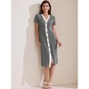 INSPIRE CHIC Women's Button Down V-Neck Short Sleeve Striped Ribbed Knit Midi Dresses - 3 of 4