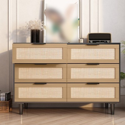 6 Drawer Dresser with Natural Rattan Drawers Tall Rattan Cabinet with Solid Wood Legs Modern Organizer Dresser Entrance Hallway Shoe Cabinet Black