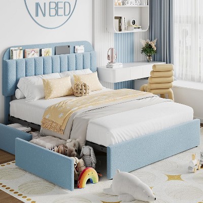 Twin XL Storage Headboard Bed Frame w/ 2 Drawers & Boucle Platform,Bed with Bookcase,No Box Spring, Easy Assembly Kids Bed