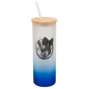 Elanze Designs 25 Ounce Frosted Glass Gradient Travel Tumbler With Straw and Wooden Lid, Baseball Teal Paint Splatter Navy Blue - 1 of 1