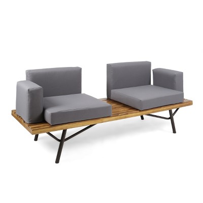 Teak and Dark Gray Acacia Wood 2 Seater Outdoor Sofa with Cushions