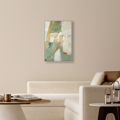 Sage Green and Gold Abstract Canvas Wall Art with Silver Frame