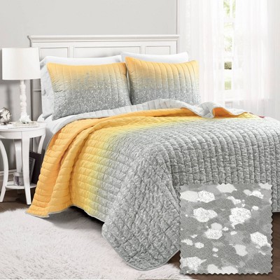 3pc Full/Queen Glitter Ombre Metallic Print Quilt Set Yellow/Gray - Lush Décor