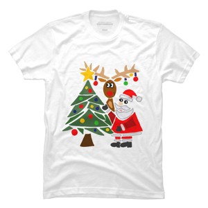 Men's Design By Humans Funny Cute Santa Claus and Christmas Reindeer by Tree By SmileToday T-Shirt - 1 of 4