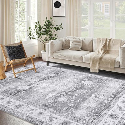 Persian Area Rug Floral Distressed Carpet Machine Washable Area Rug, 4' x 6' Gray