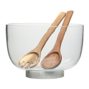 Gibson Elite Wildgreens Large Glass Salad Bowl Set with Acacia Serving Utensils - 1 of 4