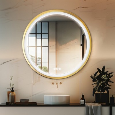 24/32in Gold Round Bathroom Vanity Mirror Aluminum Frame Illuminated Wall Mirror