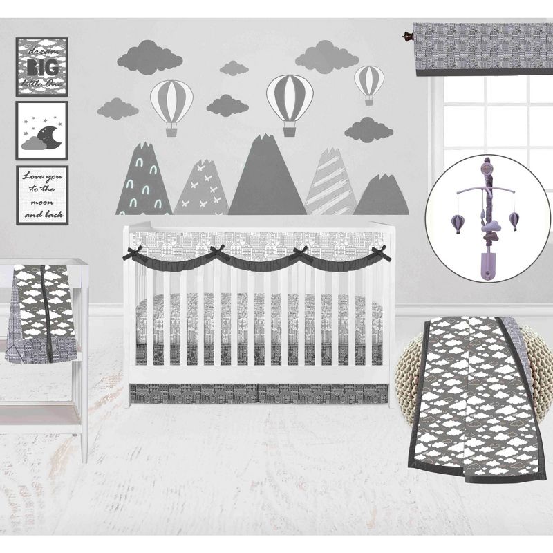 Bacati - Clouds in the City White/Gray 10 pc Crib Bedding Set with Long Rail Guard Cover, 5 of 12