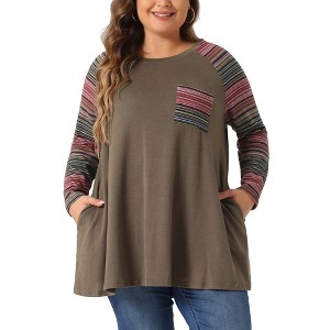 Agnes Orinda Women's Plus Size Long Sleeve Raglan Stripe Color Block Knit Blouses - 1 of 4