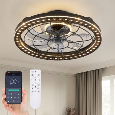 Ludomide  19 In. Smart Low Profile Black Caged Ceiling Fan With Dimmable Led Lights