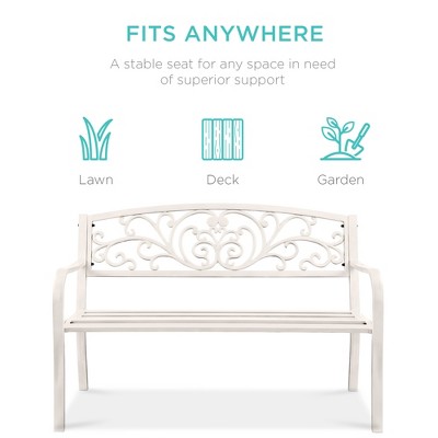 White Steel Outdoor Bench with Floral Backrest Design