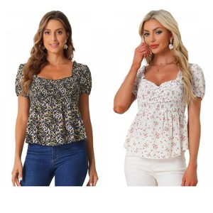 INSPIRE CHIC Women's Short Sleeve Floral Sweetheart Neck Shirred Ruffle Peasant Top 2 Packs - 1 of 4