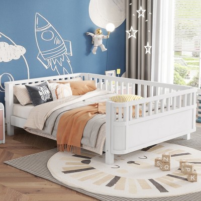 Full Size Wood Platform Bed with Rails for Girls and Boys