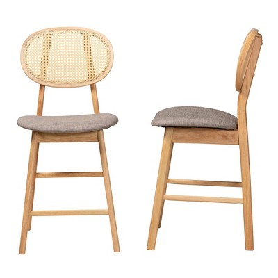 Mid-Century Grey Fabric and Natural Oak Counter Stools, Set of 2