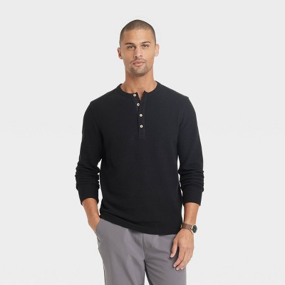 Black Long Sleeve Henley, Men's Black Henley Long Sleeve