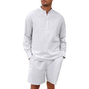 Men's 2 Pieces Cotton Linen Set Casual Long Sleeve Henley Shirts and Shorts Summer Matching Outfits - 1 of 4