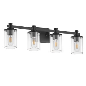 DORESshop 28 in. 4 Light Matte Black Industrial Modern Cylinder Vanity Light for Bathroom with Clear Glass Shades - 1 of 4