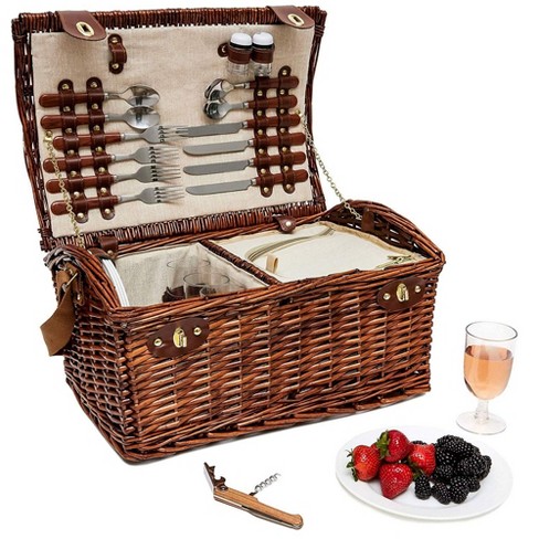 Large Wicker Picnic Basket for 4 with Insulated Cooler Bag and Supplies, 18 X 12 X 10 inches - image 1 of 4