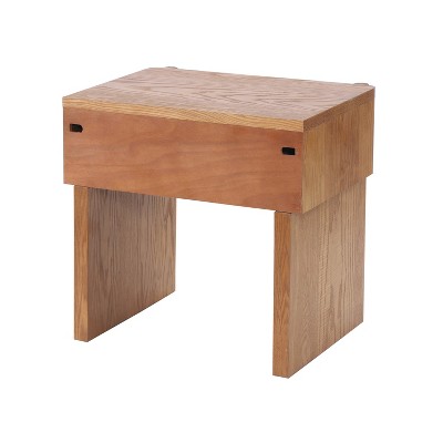 Wooden nightstand with a rectangular top and two side panels as legs.