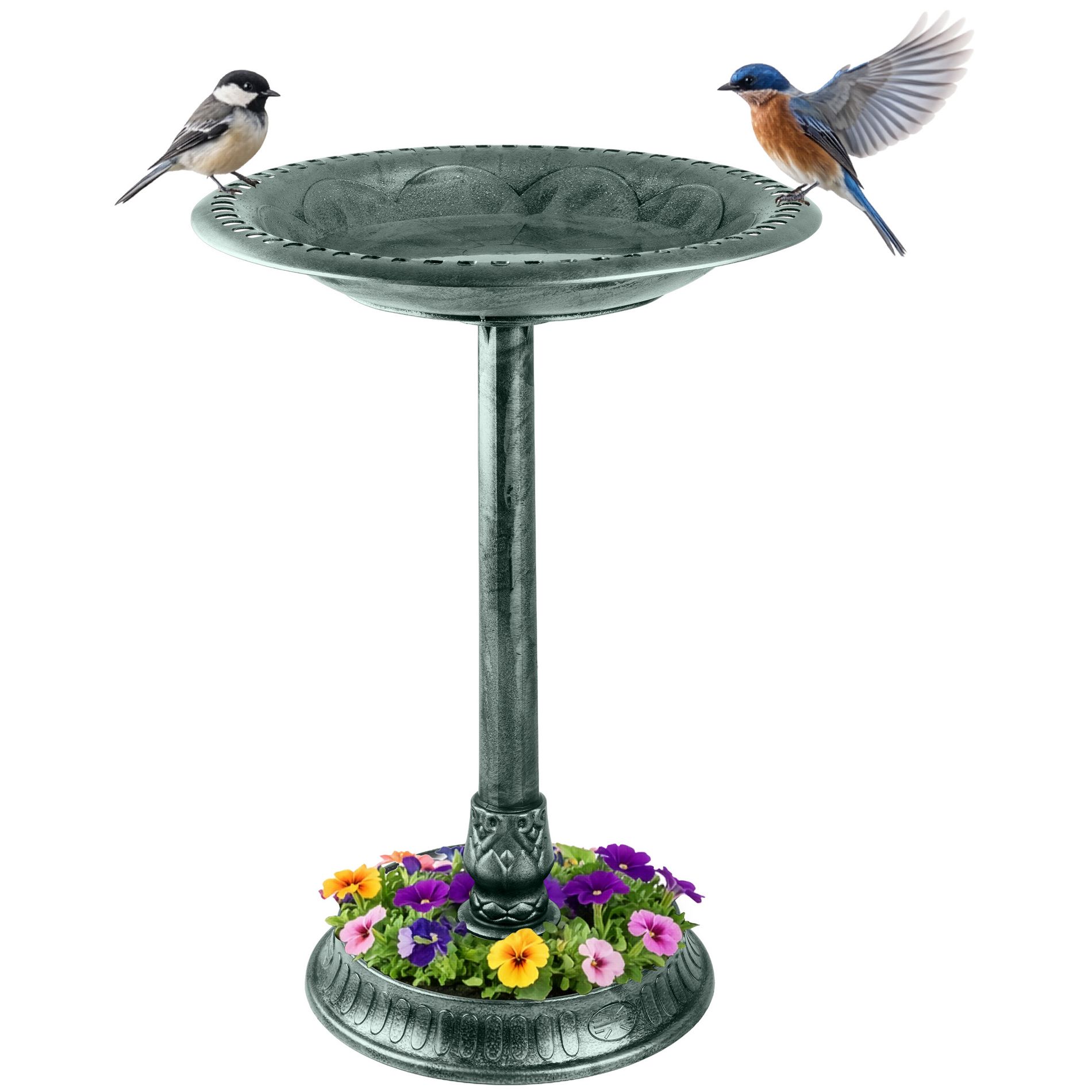 Bird Bath for Outside with Flower Planter Base - 28” Tall Pedestal Birdbath - Lightweight Polypropylene Garden Statue by Pure Garden (Green Patina)
