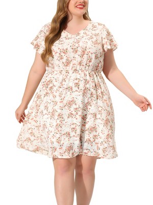 Agnes Orinda Women's Plus Size V Neck Elastic Waist Ditsy Floral At Knee A Line Dresses