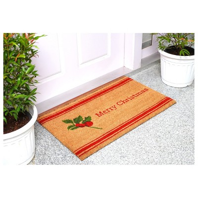 Merry Christmas Holly Berry Coir Doormat with Vinyl Backing