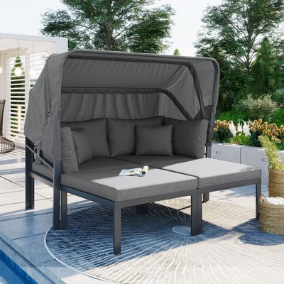 SKRAN 3-Piece Patio Daybed with Retractable Canopy Outdoor Metal Sectional Sofa Set Sun Lounger with Cushions for Backyard, Porch, Poolside, Grey