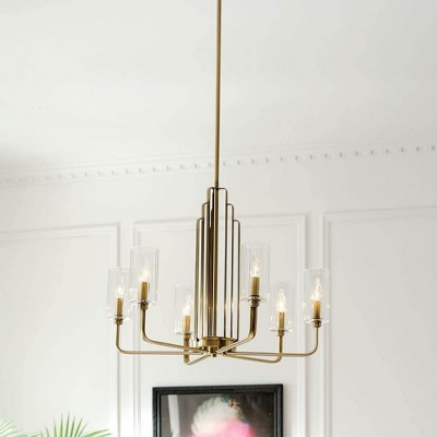 Art Deco Brushed Brass 6-Light Chandelier with Etched Clear Glass