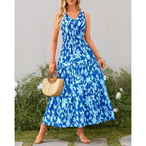 Womens Floral Sundress A-Line Sleeveless Highwaist Maxi Dress Flowy Faux Wrap Maxi Dress with Flounce Hem - 1 of 4
