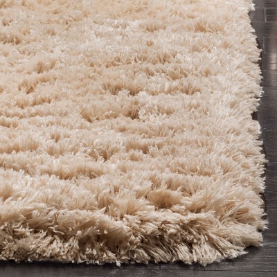 Sumptuous Silken Light Beige Round Shag Rug, Easy-Care Synthetic