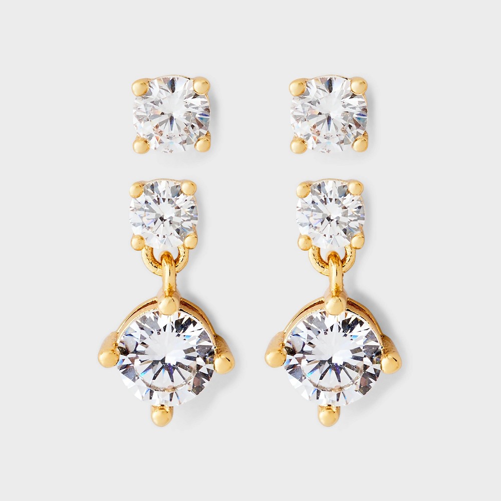 Photos - Earrings 14K Gold Plated & Cubic Zirconia Stud Double Drop Stainless Steel Post Earring Set 2pc - A New Day™ Gold