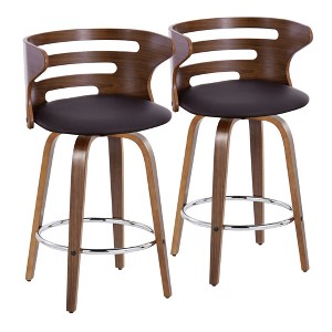Set of 2 26" Fabric Mid-Century Modern Barstools with Wood Legs, Round Chrome Footrest, and 360¡ã Swivel for Kitchen or Home Bar - 1 of 4