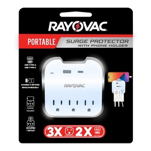 RAYOVAC® Portable Surge Protector Wall Tap with Phone Holder, AC Outlets and 2 USB Ports (3 Outlet) in White - 1 of 4