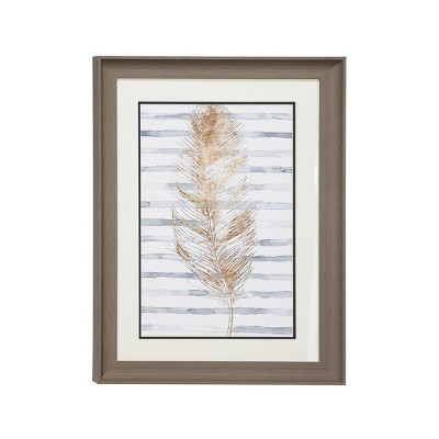 17.5" x 23.5" Eclectic Decor Metallic Feather Print with Stripes Rectangular Brown Wood Frame - Olivia & May