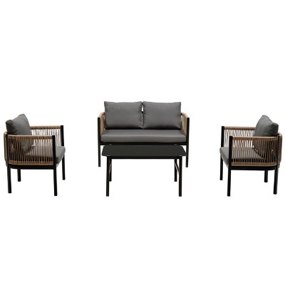 Outdoor 4 Pcs Seating Set, Multi-person Lounge Sets with Tempered Glass Table, Patio Lounge Sets with Iron Frame and PE Cushions-Coolbibila