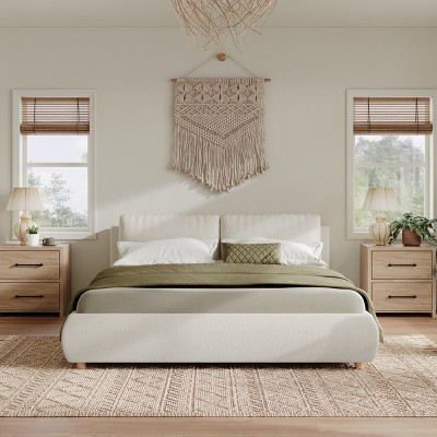 Upholstered Platform Bed with Removable Pillow Headboard, Boucle Fabric Wooden Frame Bed for Bedroom-Baofuwish