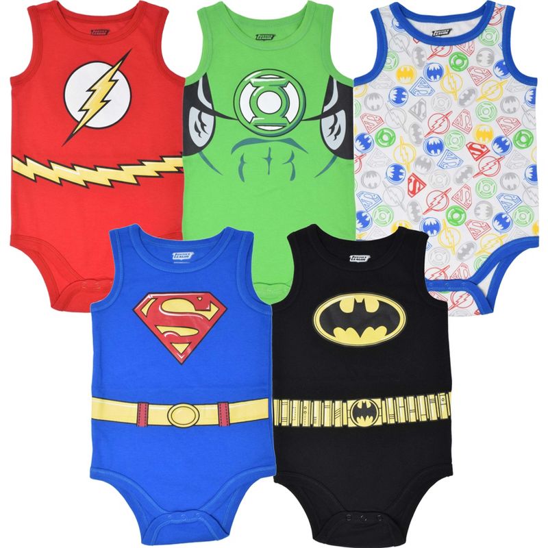 DC Comics Justice League Batman Superman The Flash Green Lantern Baby Boys 5 Pack Bodysuit Multicolored , 1 of 7