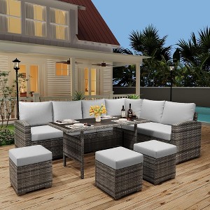 Garvee 7 Pieces Outdoor Dining Set-Patio Sectional Sofa Conversation Set- All Weather Wicker Rattan Couch Dining Table & Chair with Ottoman,Beige - 1 of 4