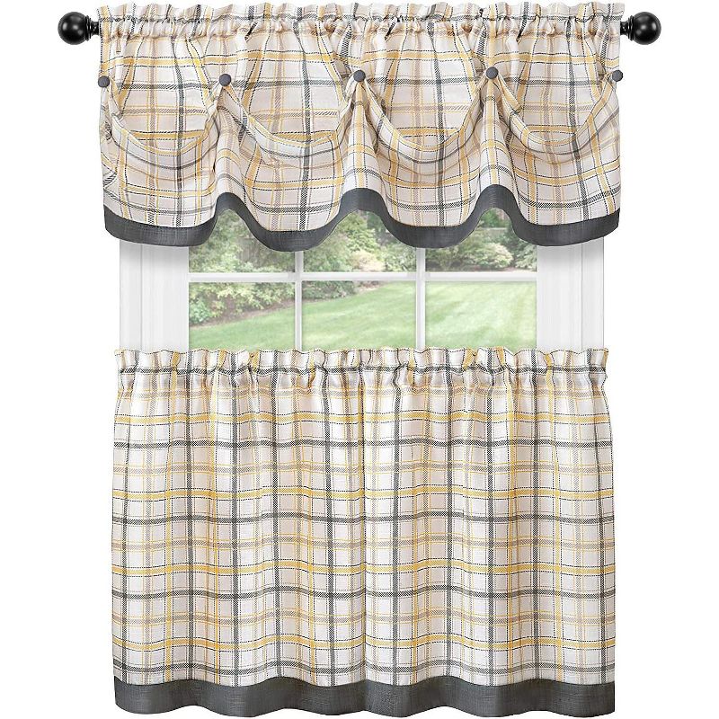 Kate Aurora Country Farmhouse Plaid 3 Pc Tattersall Cafe Kitchen Curtain Tier & Valance Set, 1 of 4