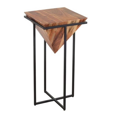 30" Pyramid Shape Wooden Side Table with Cross Metal Base Brown/Black - The Urban Port