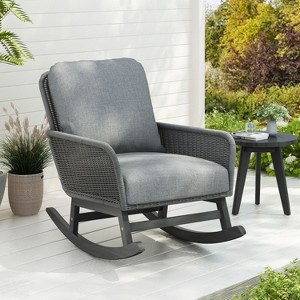 Okak 15" Contemporary Wiker Rocking Chair Patio Accent Chair with 4" Polyester Cushion,Set of 1/2,Recliner Chair for Porch,Backyard,300lbs Max - 1 of 4