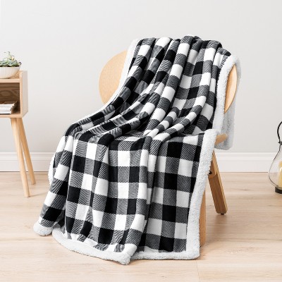 Twin Black and White Buffalo Plaid Sherpa Fleece Blanket